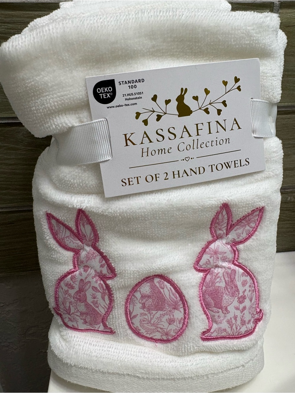 Kassafina Home Collection White Hand Towels w/Pink Bunny Embroidery - Set of 2